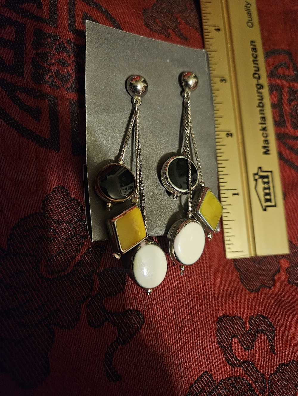 Silver Tone Drop Earrings with Black, Yellow & White.